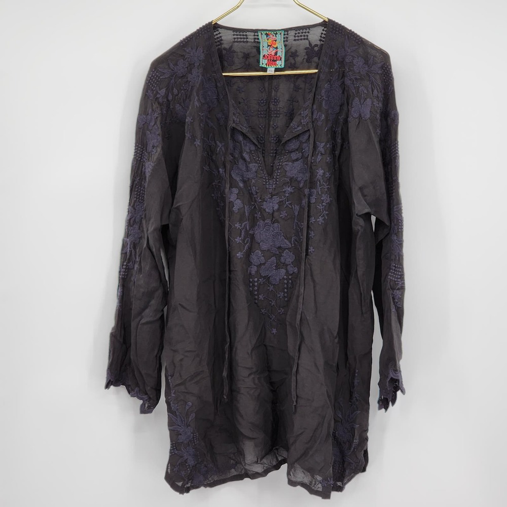 Johnny Was Black Floral Embroidery Tunic Top Size XL